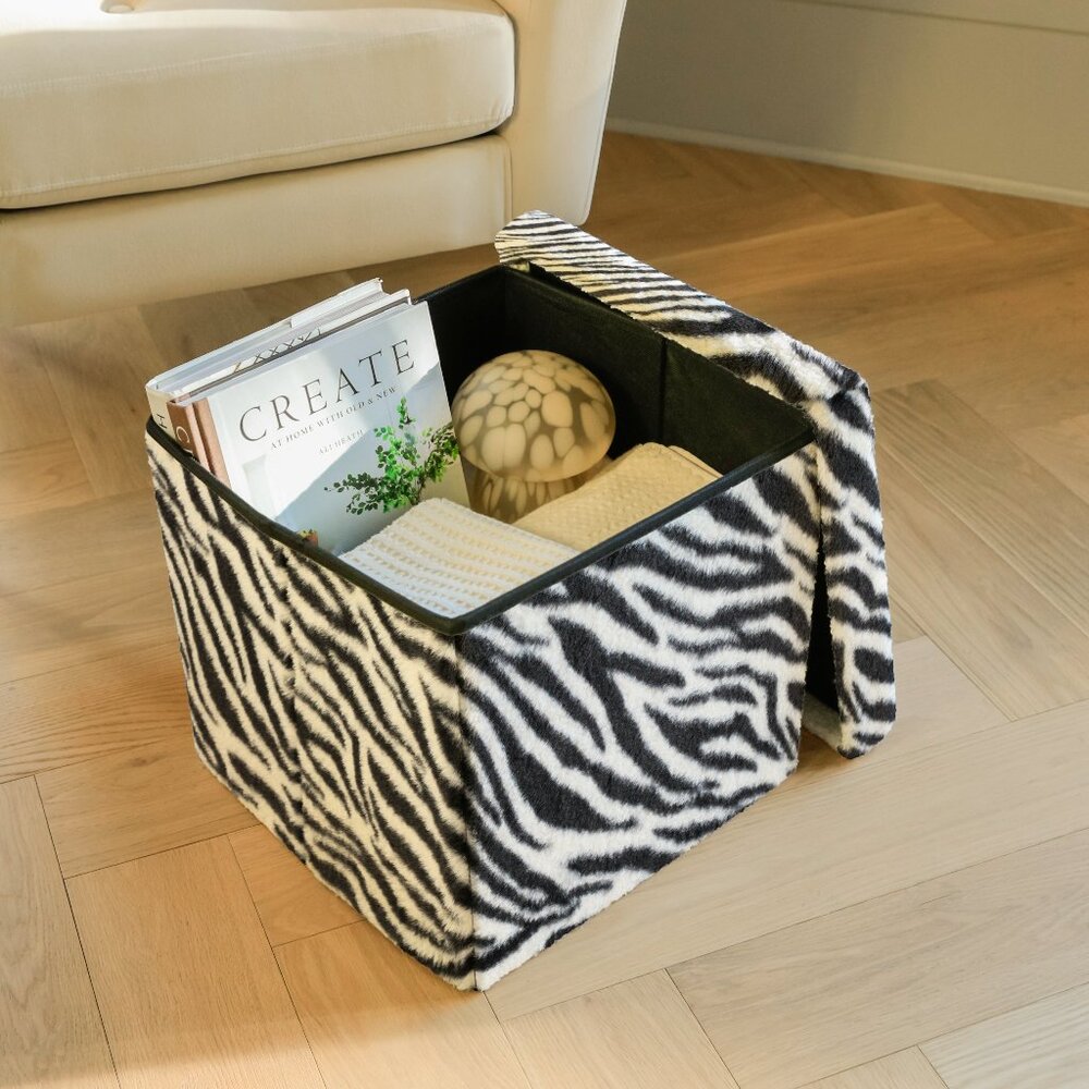 Go-Poufs Knock-Down Medium Cube Faux Fur Storage Ottoman |  Zebra Black/White